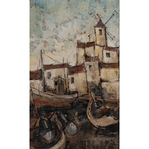 623 - Mid-20th century Continental harbour scene, impasto oil on board, indistinctly signed, 45cm x 28cm, ... 