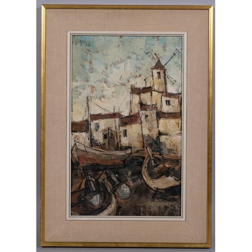 623 - Mid-20th century Continental harbour scene, impasto oil on board, indistinctly signed, 45cm x 28cm, ... 