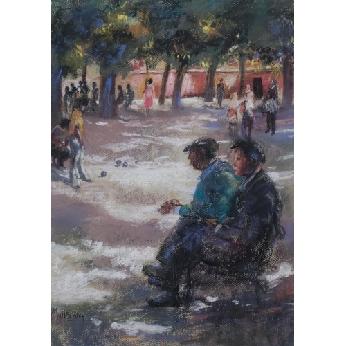 624 - Matt Bruce, Continental park scene, coloured pastels, signed, 45cm x 32cm, framed