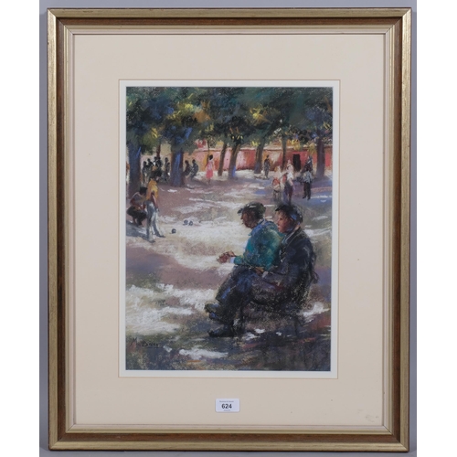 624 - Matt Bruce, Continental park scene, coloured pastels, signed, 45cm x 32cm, framed