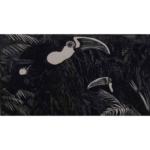 642 - Eric Dalglish (1894-1966), wood engraving on paper, Toucans, 10cm x 17.5cm, mounted, glazed and fram... 