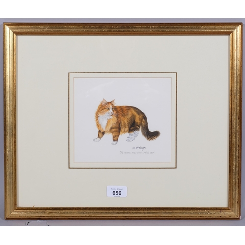 656 - Mary McGregor (XX-XX1), watercolour on paper, Tortie and White Maine Coon, signed lower right, 15cm ... 