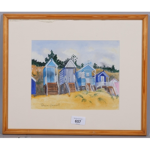 657 - Patricia Glasswell (XX-XXI), watercolour on paper, Beach Huts, Norfolk, signed lower left, 18.5cm x ... 