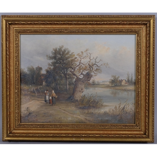 662 - T Smythe, figures on a riverbank, oil on canvas, signed, 36cm x 46cm, framed and glazed