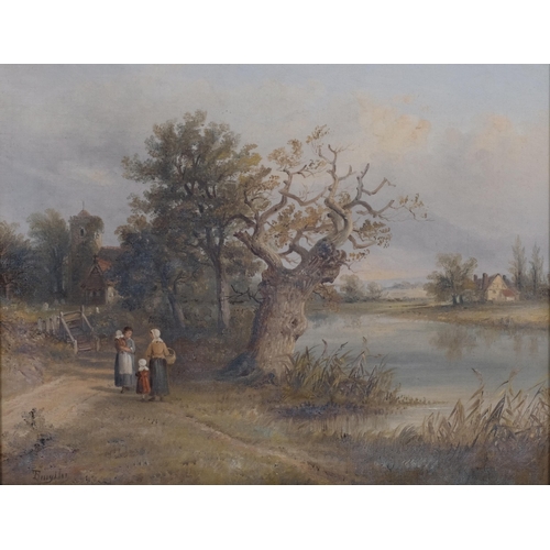 662 - T Smythe, figures on a riverbank, oil on canvas, signed, 36cm x 46cm, framed and glazed