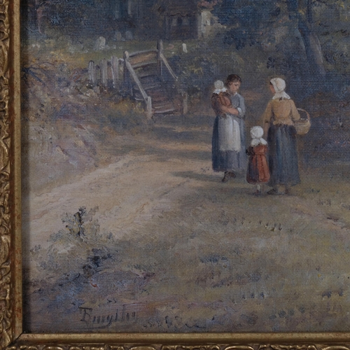 662 - T Smythe, figures on a riverbank, oil on canvas, signed, 36cm x 46cm, framed and glazed