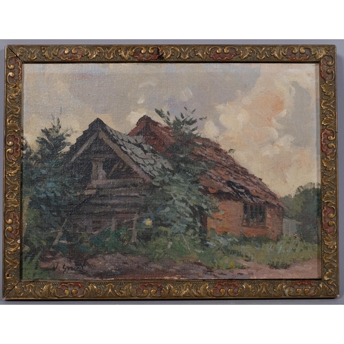 664 - Mid-20th century study of farm buildings, oil on canvas board, 18cm x 24cm, framed