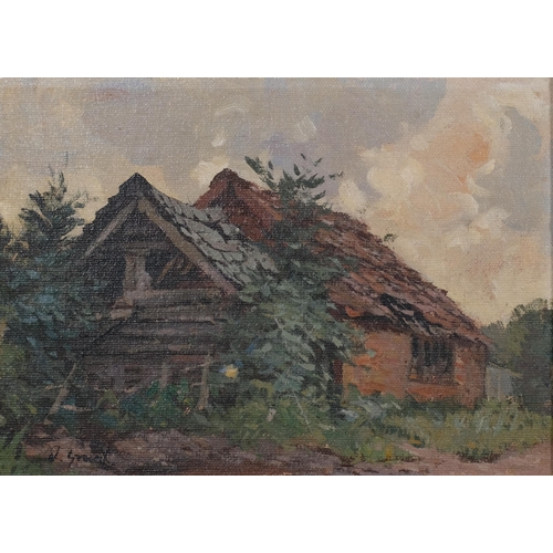 664 - Mid-20th century study of farm buildings, oil on canvas board, 18cm x 24cm, framed