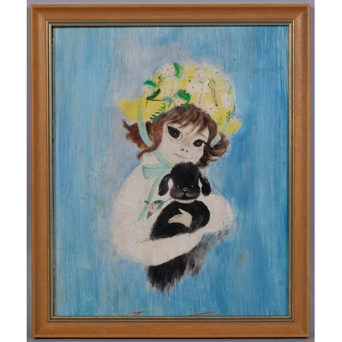 665 - Mid-20th century portrait of a girl with a dog, oil on board, unsigned, 35cm x 28cm, framed