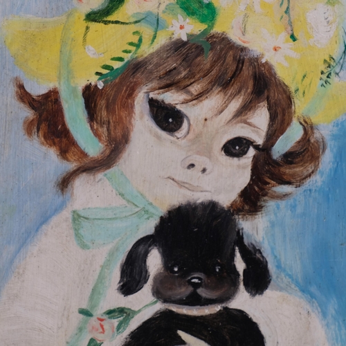 665 - Mid-20th century portrait of a girl with a dog, oil on board, unsigned, 35cm x 28cm, framed