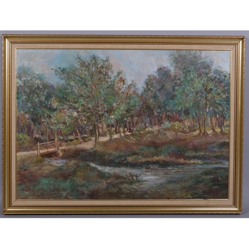 670 - Russell Taylor, woodland stream, oil on canvas, signed and dated '80, 68cm x 96cm, framed