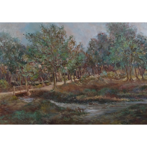 670 - Russell Taylor, woodland stream, oil on canvas, signed and dated '80, 68cm x 96cm, framed