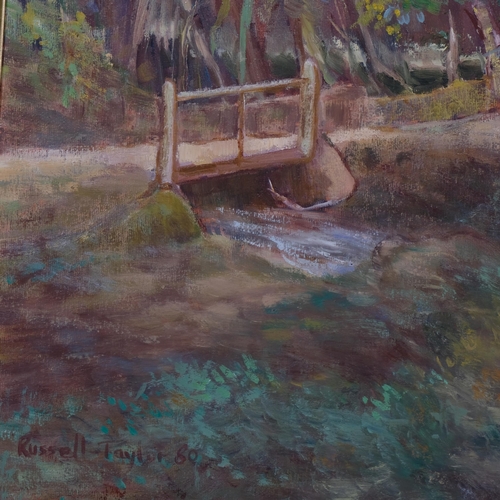 670 - Russell Taylor, woodland stream, oil on canvas, signed and dated '80, 68cm x 96cm, framed