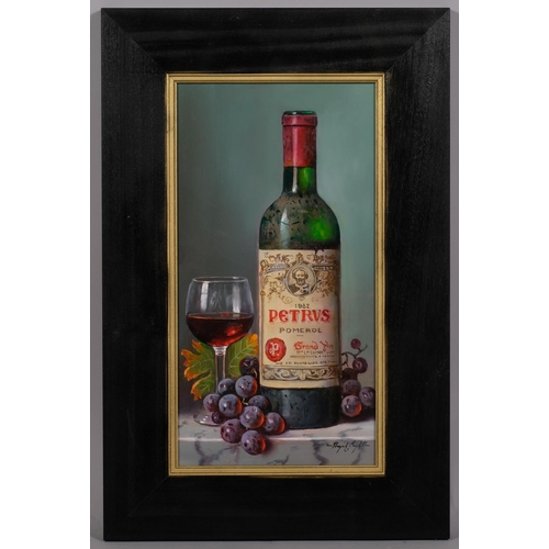 671 - Raymond Campbell, Chateau Petrus 1982, still life, oil on board, signed, 38cm x 20cm, framed