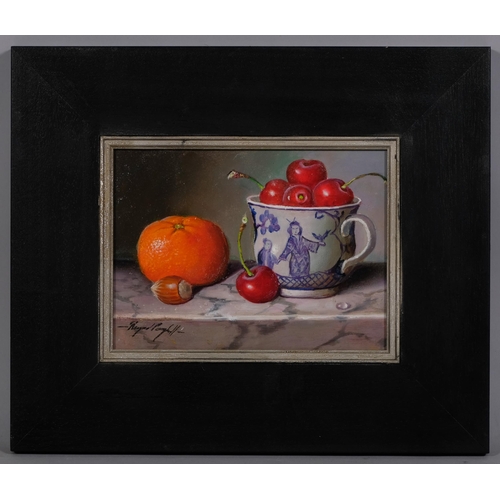 672 - Raymond Campbell, china cup with fruit, oil on board, signed, 15cm x 20cm, framed