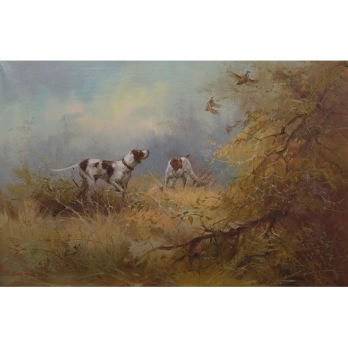 678 - Kingman, Gundogs in woodland, pair of oils on canvas, signed, 60cm x 90cm, framed