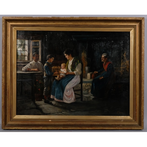 680 - F Pappacena, Italian cottage interior scene, large oil on canvas, signed, 76cm x 102cm, framed