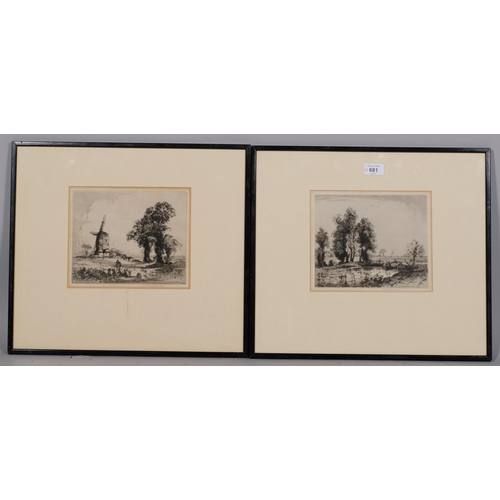 681 - Albany Howarth, pair of etchings, Old Sussex Mill and Hertfordshire canal, signed in pencil, plate 1... 