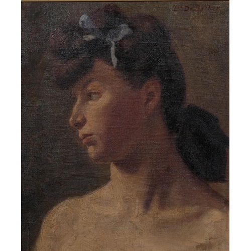 682 - L de Becker, head and shoulders portrait of a girl, oil on canvas, signed, 30cm x 25cm, framed