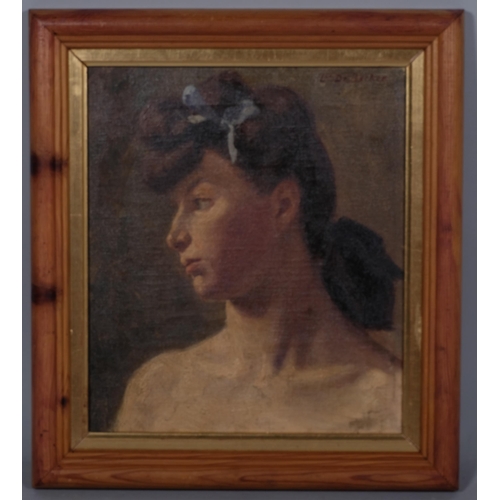 682 - L de Becker, head and shoulders portrait of a girl, oil on canvas, signed, 30cm x 25cm, framed