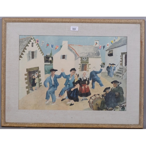 684 - After Christopher Wood, Bretton dancers, colour print, circa 1950s, 37cm x 52cm, framed