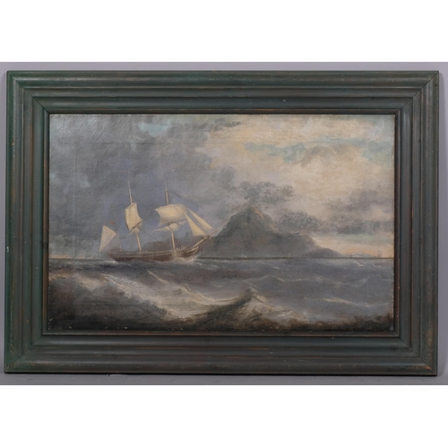 685 - 3-masted ship on stormy seas, 19th century oil on canvas, unsigned, 45cm x 68cm, framed