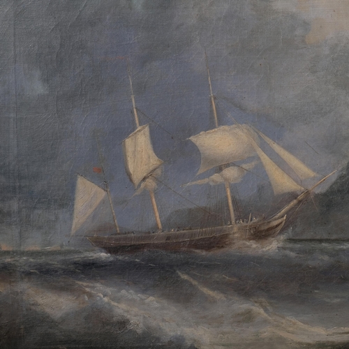 685 - 3-masted ship on stormy seas, 19th century oil on canvas, unsigned, 45cm x 68cm, framed