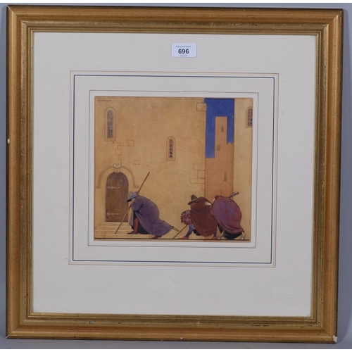 696 - William Grimmond, 3 mischievous figures, watercolour illustration, signed, 22cm x 24cm, framed