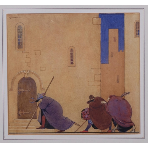 696 - William Grimmond, 3 mischievous figures, watercolour illustration, signed, 22cm x 24cm, framed