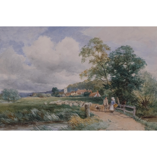 698 - David Bates, sheep and figures in landscape, watercolour, signed, 35cm x 52cm, framed