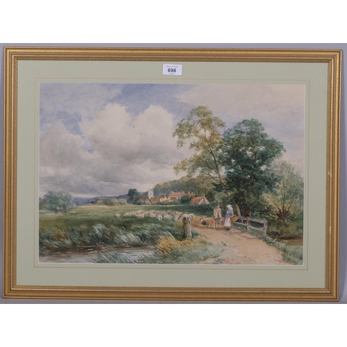 698 - David Bates, sheep and figures in landscape, watercolour, signed, 35cm x 52cm, framed