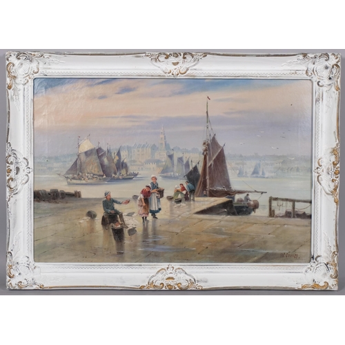 701 - William George, harbour scene Whitby, oil on canvas, signed, 50cm x 75cm, framed