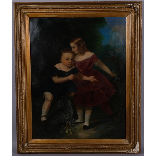 702 - 19th century family portrait of a girl, boy and cat, oil on canvas, unsigned, 92cm x 72cm, framed