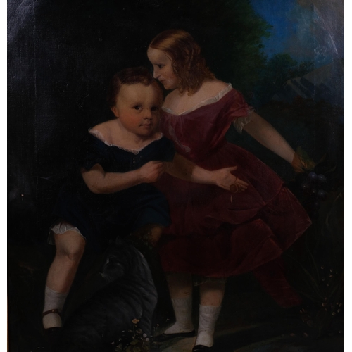 702 - 19th century family portrait of a girl, boy and cat, oil on canvas, unsigned, 92cm x 72cm, framed