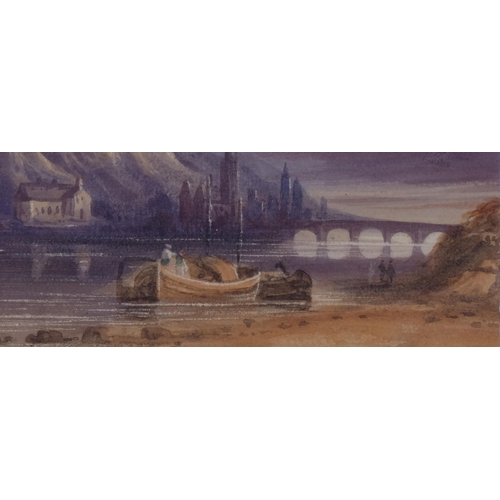 703 - 19th century barges on a river, watercolour, unsigned, 15cm x 23cm, framed