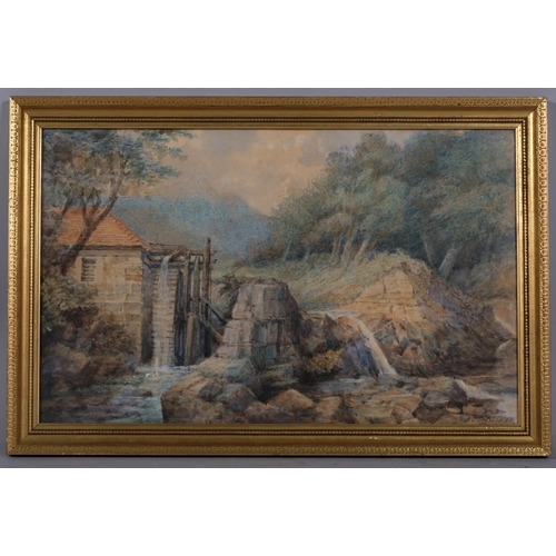 709 - J C Thomas, watermill in Wales, circa 1860 - 1880, watercolour, signed, 29cm x 47cm, framed