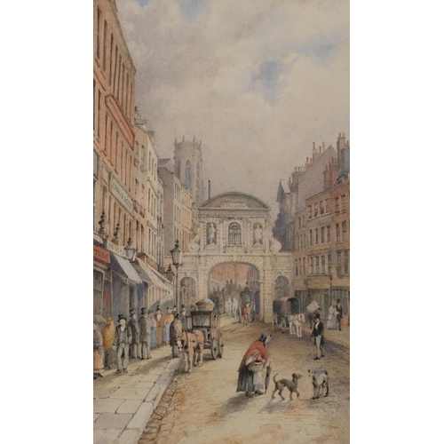 710 - Manner of Thomas Shotter Boys (1803 - 1874), Temple Bar from the Strand, watercolour, unsigned, 48cm... 