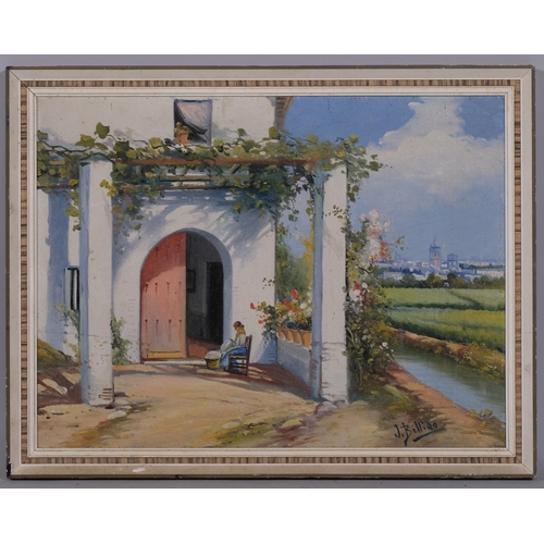 711 - Joaquin Bellido, mid-20th century Continental terrace, oil on board, signed, 32cm x 43cm, framed