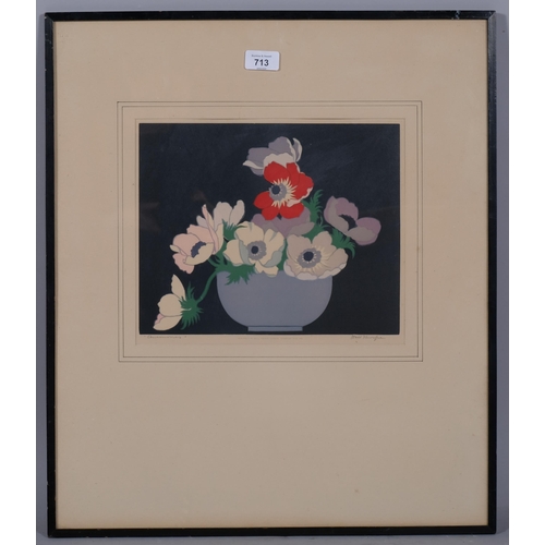 713 - John Hall Thorpe, anemones, colour woodcut print, signed in pencil, published 1922, image 23cm x 29c... 