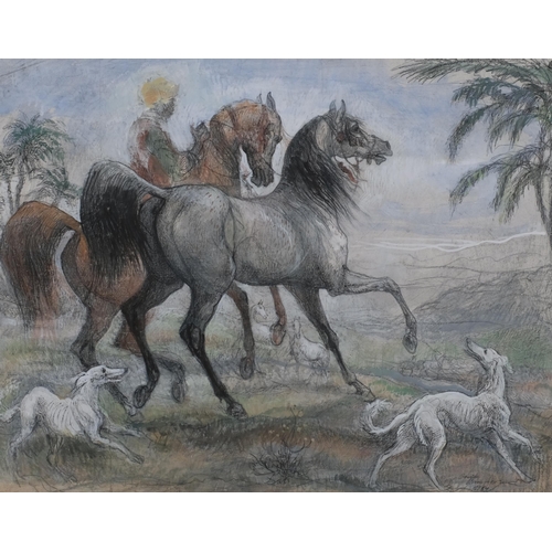 716 - Benita Bammer (1938 - 1995), horses rider and dogs in landscape, watercolour/ink, signed and dated 1... 