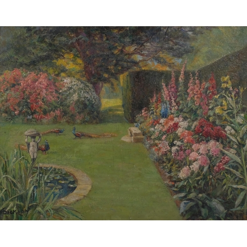 719 - F Dickson, peacocks and flower gardens, oil on board, signed, 37cm x 46cm, framed