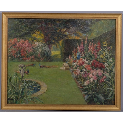 719 - F Dickson, peacocks and flower gardens, oil on board, signed, 37cm x 46cm, framed