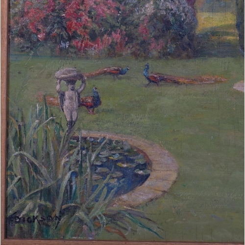 719 - F Dickson, peacocks and flower gardens, oil on board, signed, 37cm x 46cm, framed