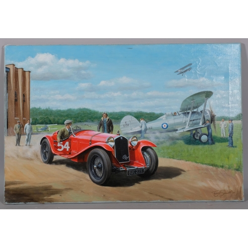 720 - Tony Smith, Vintage Alfa Romeo car and bi-planes at the airfield, oil on canvas, signed and dated 19... 