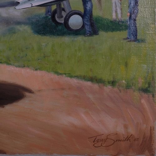 720 - Tony Smith, Vintage Alfa Romeo car and bi-planes at the airfield, oil on canvas, signed and dated 19... 