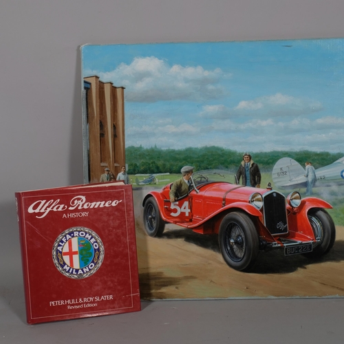 720 - Tony Smith, Vintage Alfa Romeo car and bi-planes at the airfield, oil on canvas, signed and dated 19... 