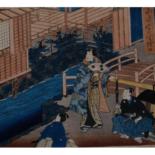 721 - 3 Japanese woodblock prints, comprising Kunisada, Geishas taking tea, image 22cm x 34cm, Hiroshige, ... 