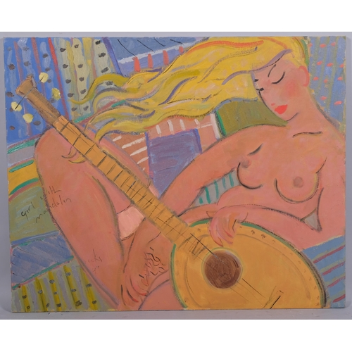 729 - Kanwaldeep Sing Kang, girl with mandolin, oil on canvas, 76cm x 94cm, unframed