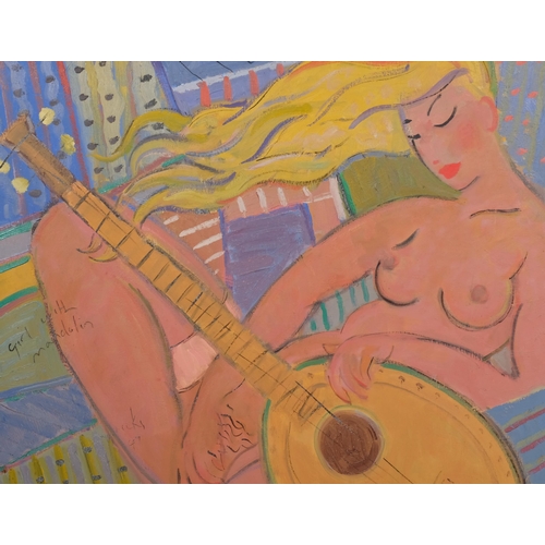 729 - Kanwaldeep Sing Kang, girl with mandolin, oil on canvas, 76cm x 94cm, unframed