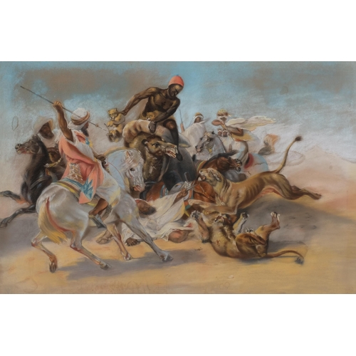 731 - After Horace Vernet, lion hunt, 19th century coloured pastels, 70cm x 103cm, framed